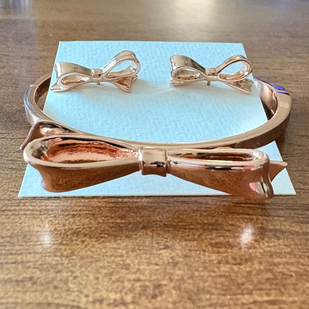 Kate Spade Rose Gold Love Notes Bow Bracelet and Earring Set